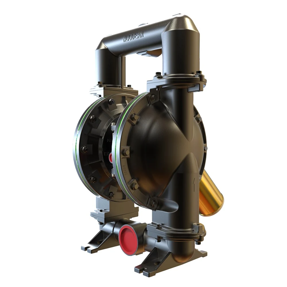 3D render of a black industrial double diaphragm pump with a red exhaust port.