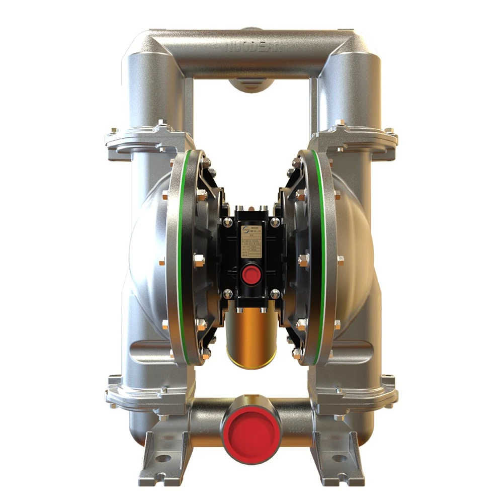 Silver metallic double diaphragm pump with green gaskets and a red center cap.