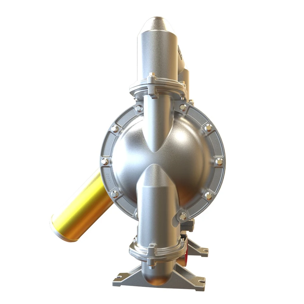 Front view of a silver metallic industrial pump with a gold cylinder component.