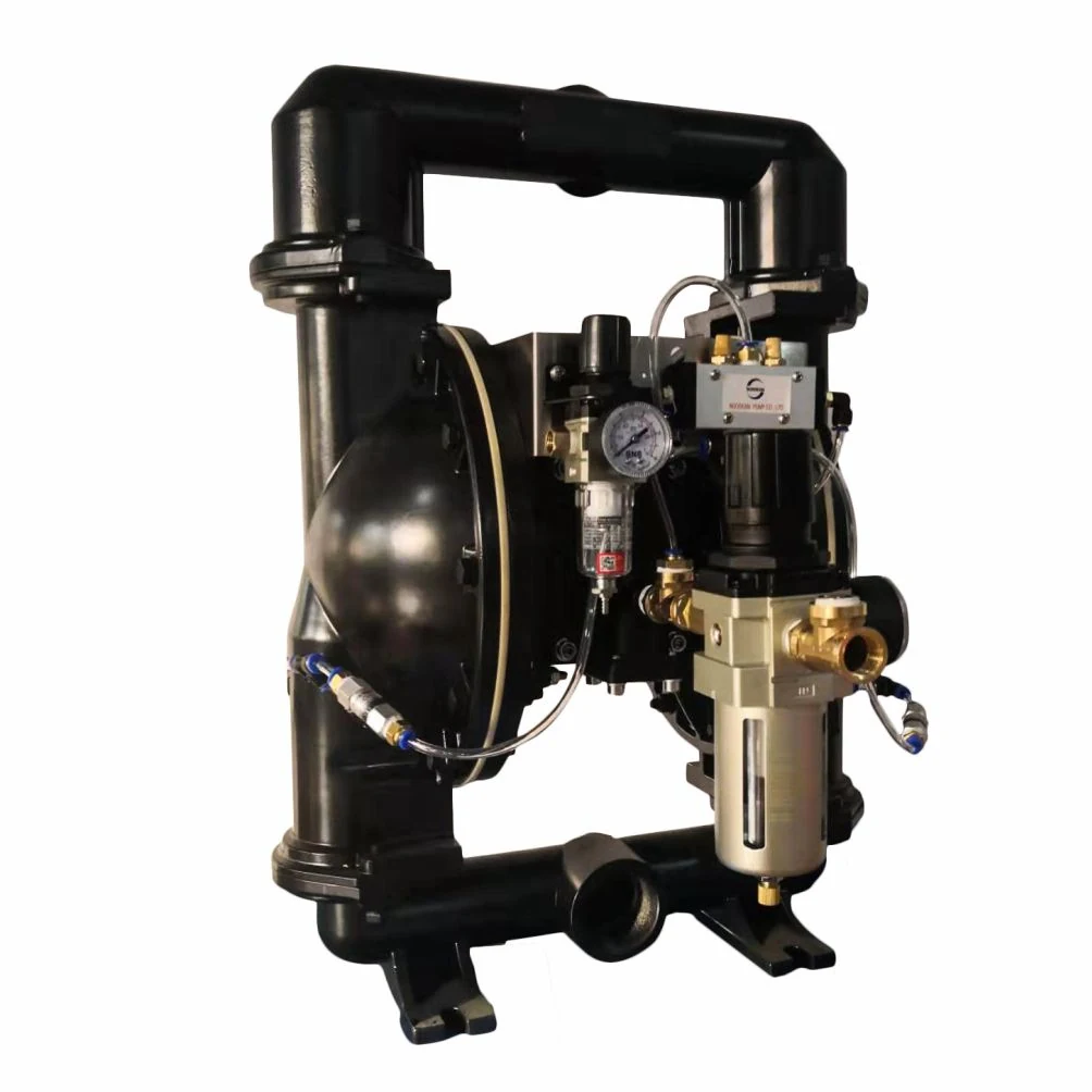 Industrial double diaphragm pump assembly with attached air filter, regulator, and pressure gauge.