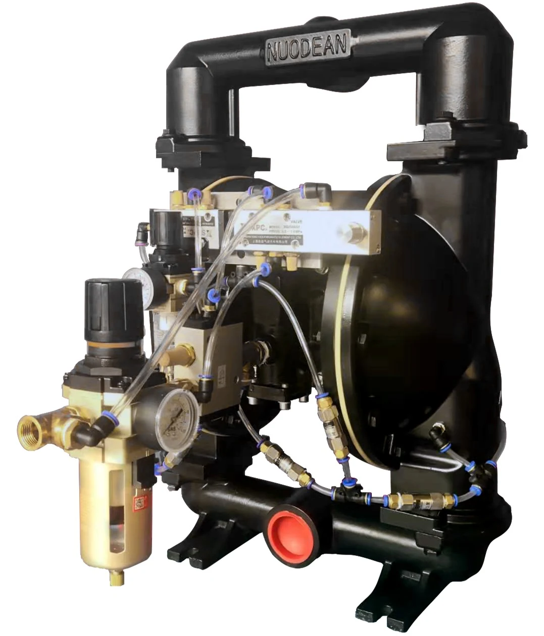 Black industrial pump assembly with attached filtration unit and pressure gauge.