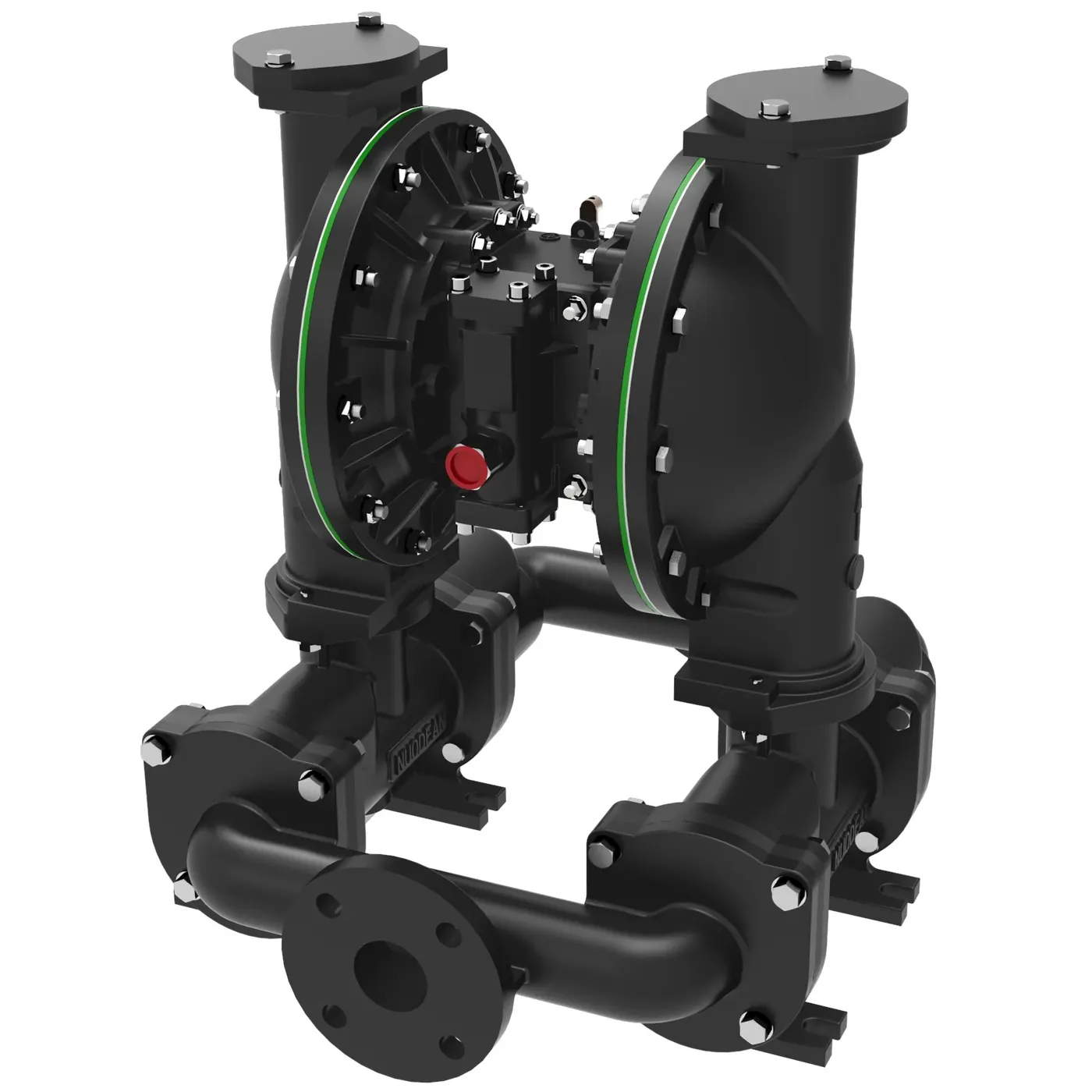Black double diaphragm pump with green O-rings and flanged connections on a white background