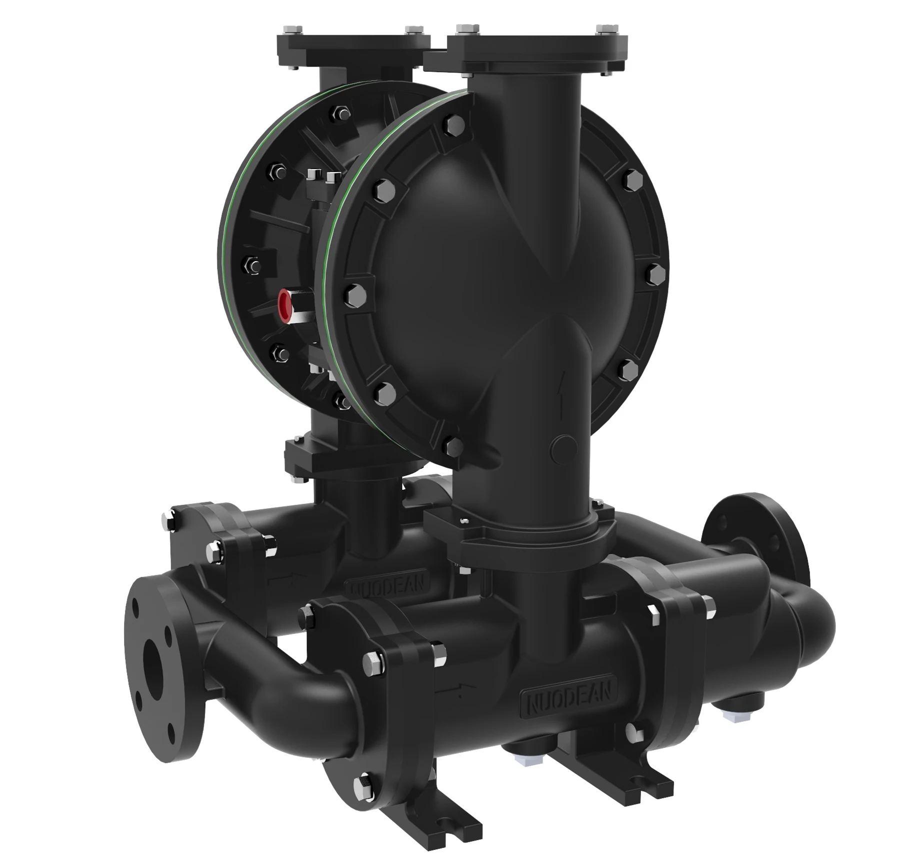 Black industrial double diaphragm pump with flanged connections on a white background
