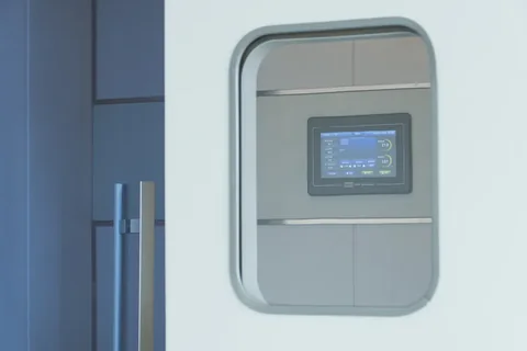 Detalle de la pantalla de control y de la ventana de la puerta en la cámara cúbica OHC20