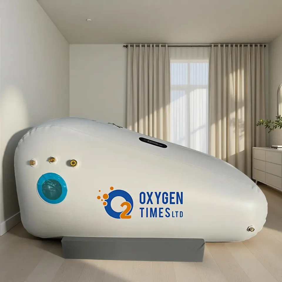 Câmara hiperbárica sentada de estrutura flexível Oxygen Times instalada num quarto residencial