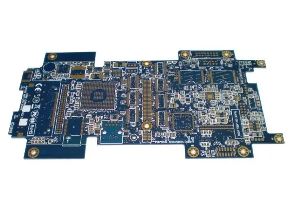Ten layer rigid PCB on blue solder mask with immersion gold finish and multiple device sit
