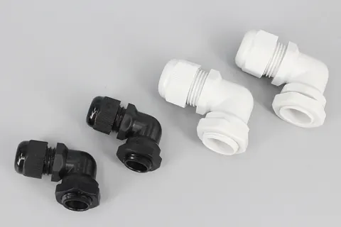 Prensaestopas de nailon estancos IP68 en codo de 90°, negros, grises y blancos, con certificado CE