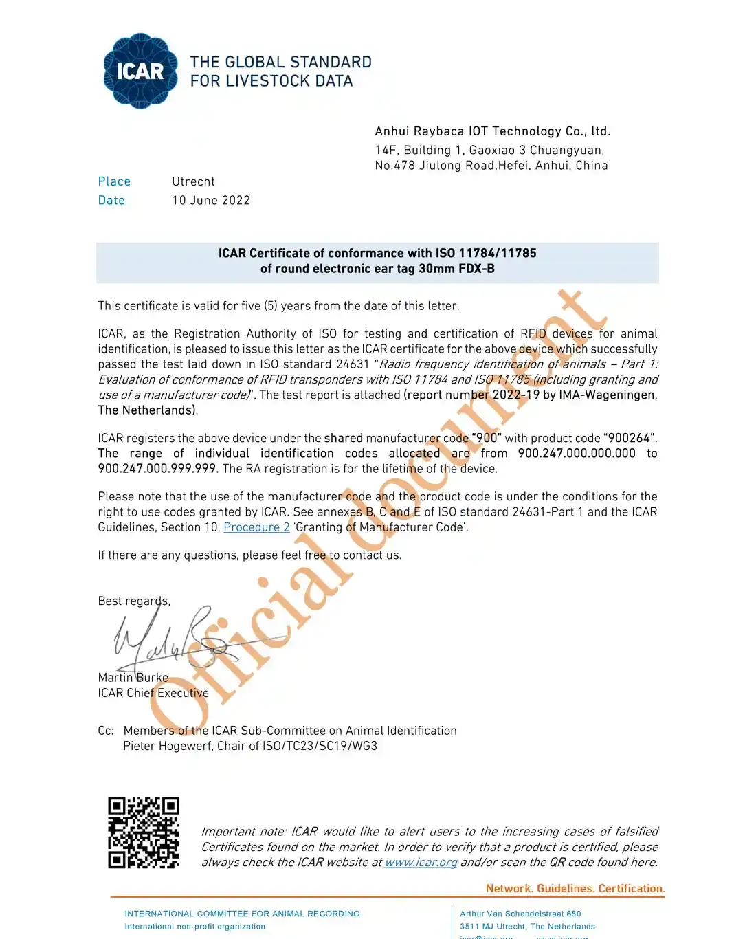 ICAR Ear Tag Certificate