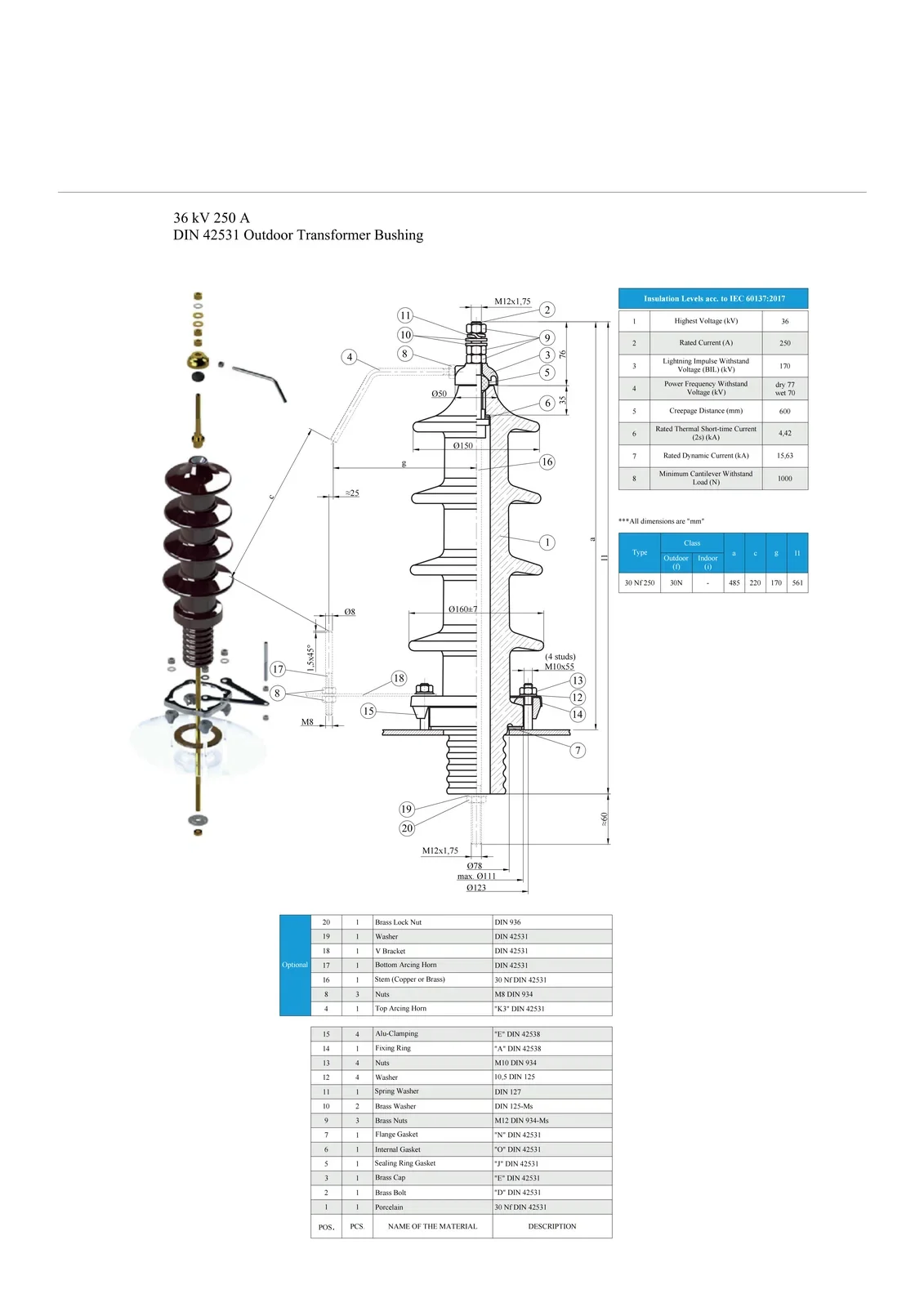 DIN 42531 30NF250A bushing shown with a scale