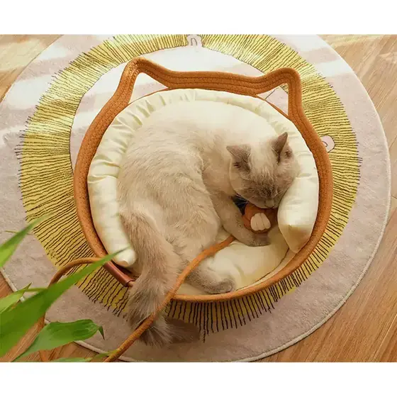 A cat sleeping in a lion mane designed pet bed with a toy held in its paws