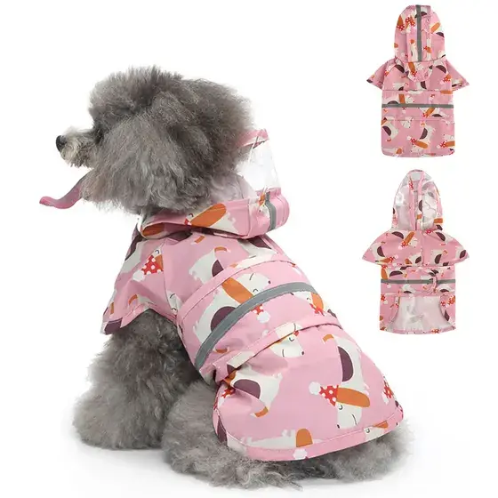 Grey poodle wearing a pink hooded raincoat with a cartoon dog pattern, shown alongside two