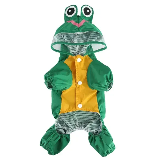 Green and yellow frog-themed pet raincoat with mesh lining and hood