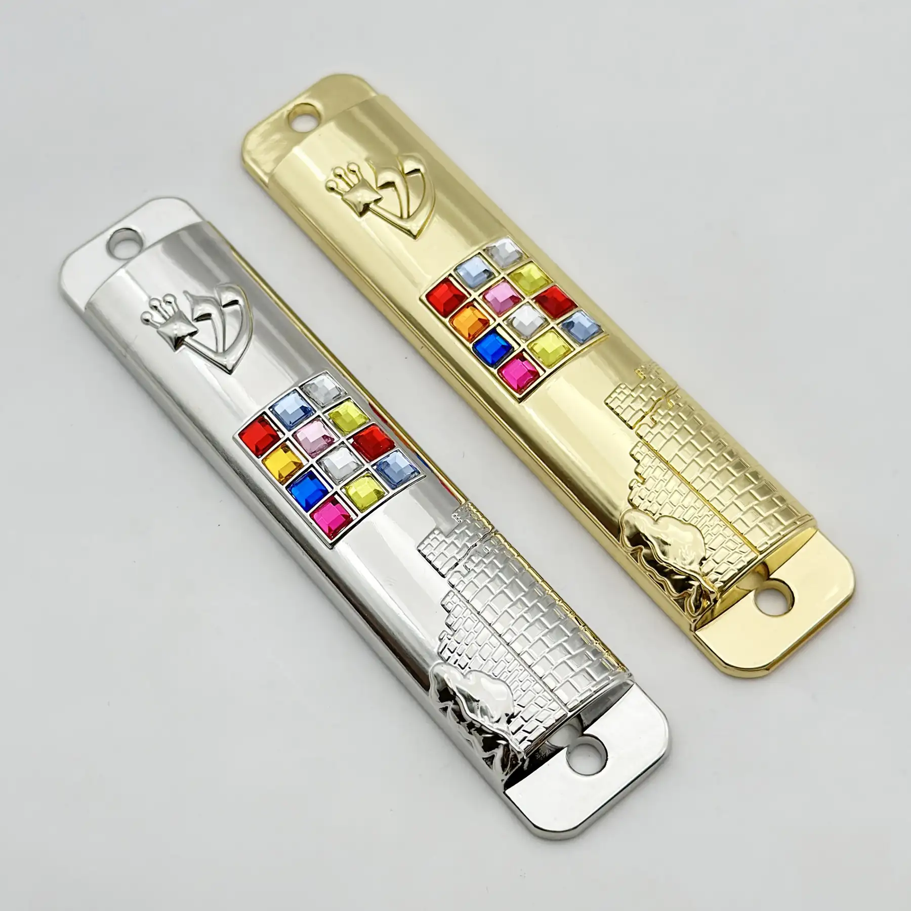 Close view of the set square rhinestones on the mezuzah case