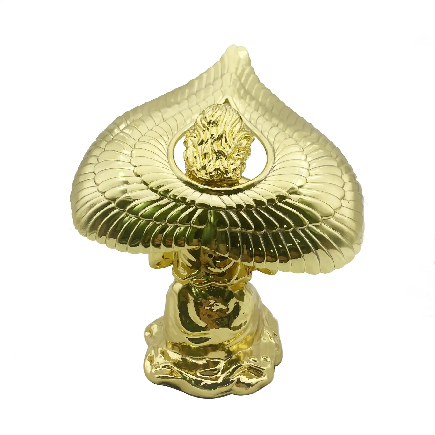 Close view of the polished gold plating on the cherub figure