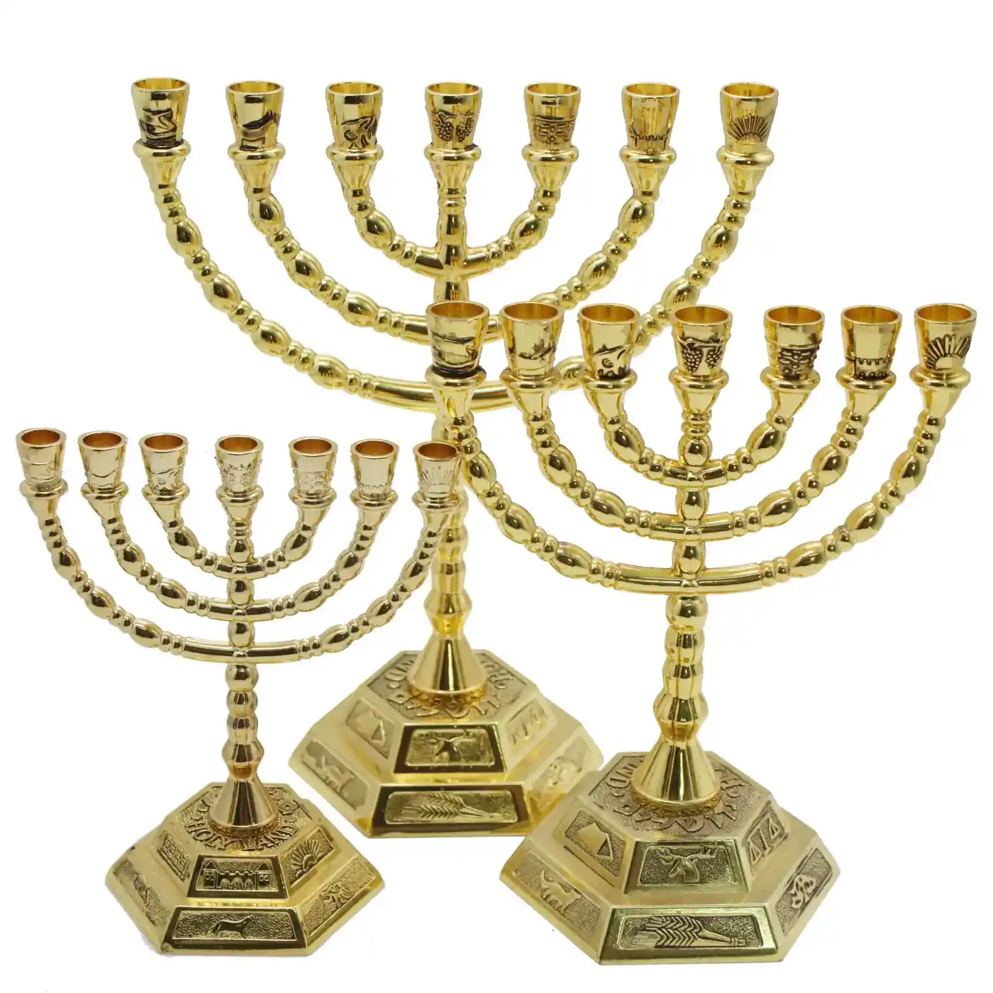 Gold plated seven branch Temple menorah with twelve tribes emblems