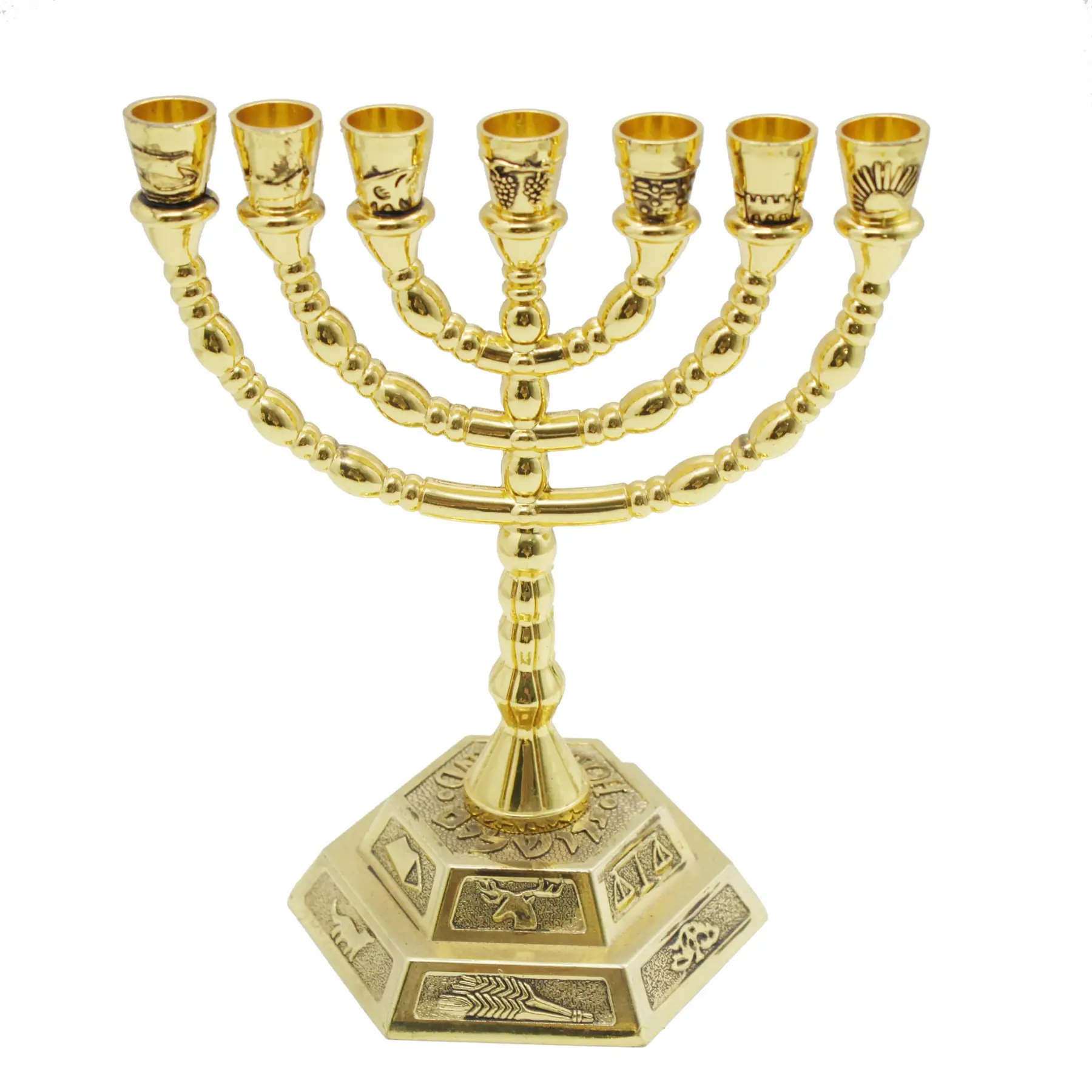 Close view of the twelve tribes emblems on the menorah base