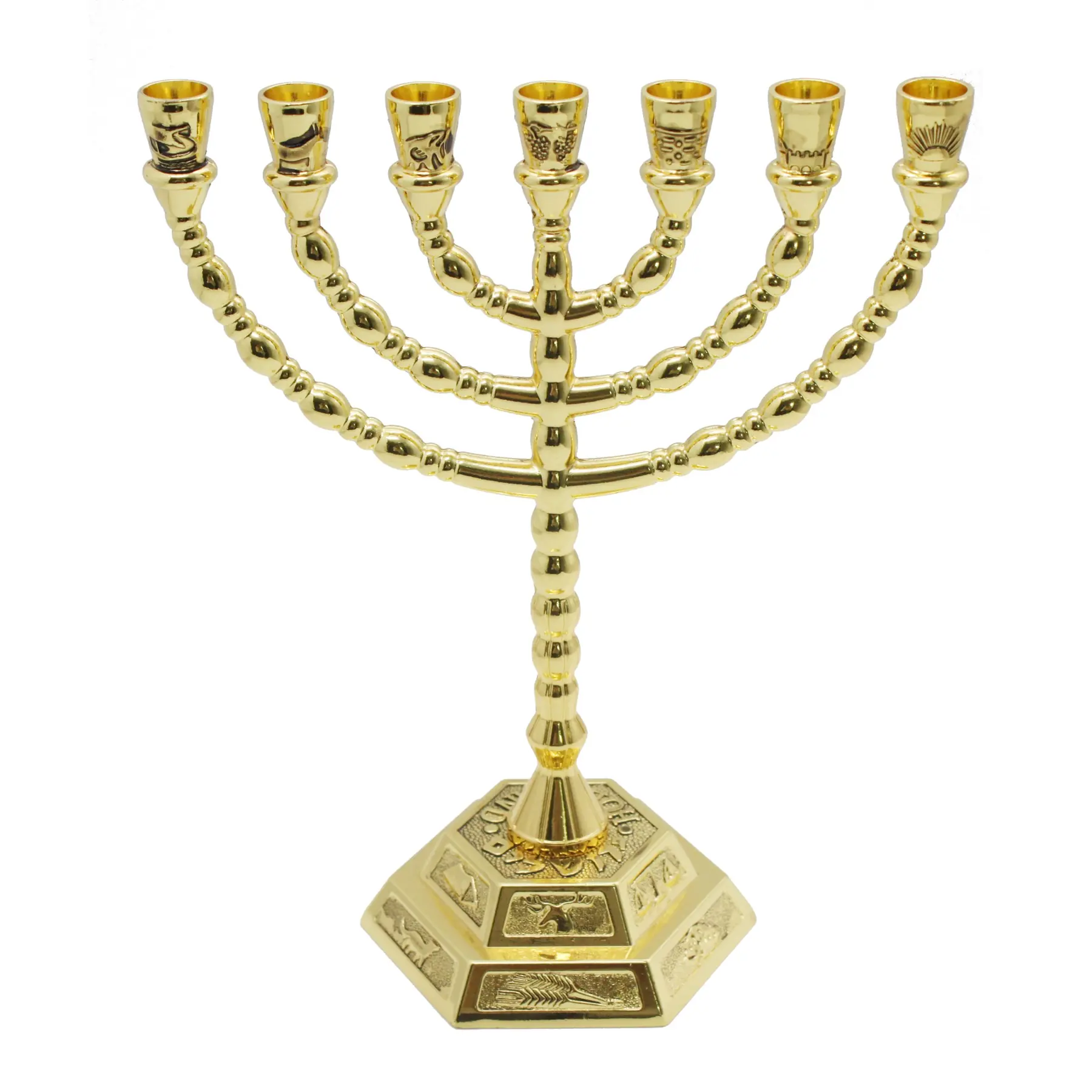 Twelve tribes menorah shown from the front on its hexagonal base