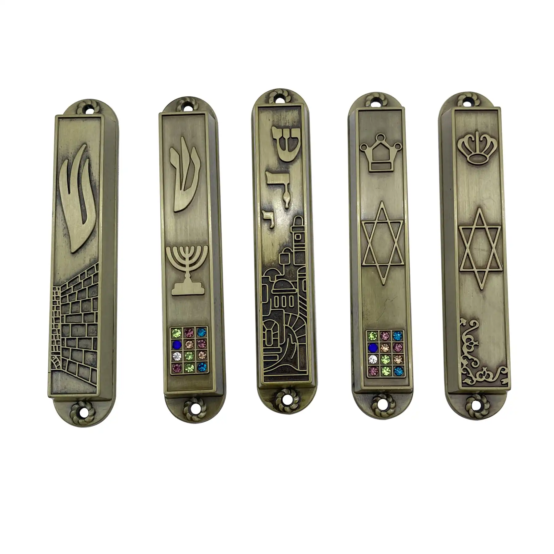 Set of five antique bronze mezuzahs with different symbols