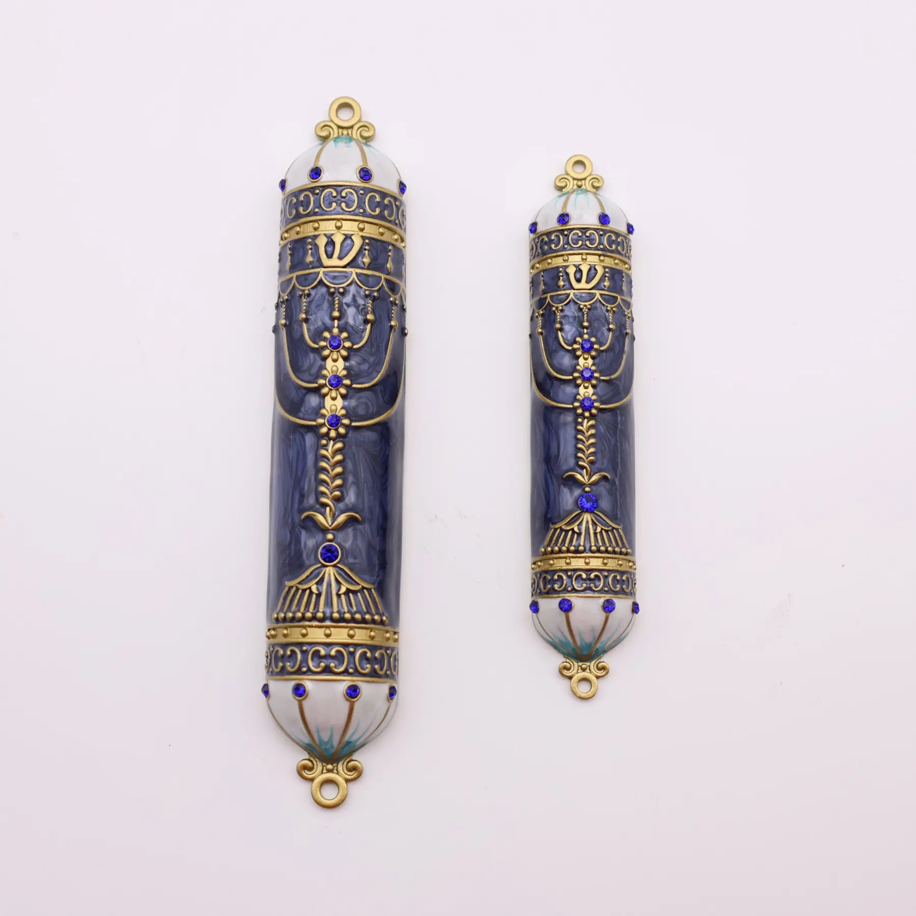 Gold and blue arched menorah mezuzah case