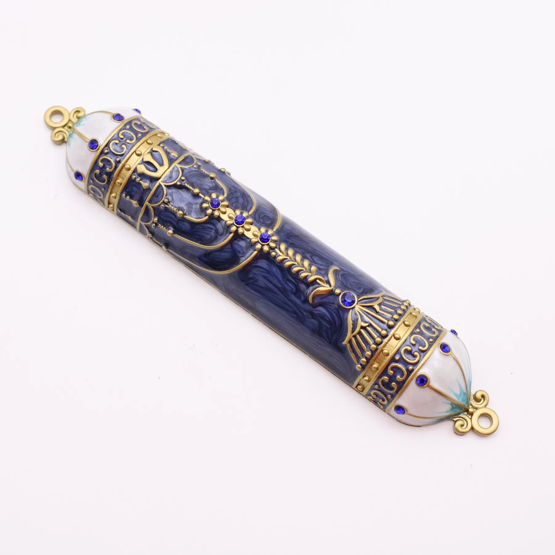 Close view of the blue enamel and set stones on the arched mezuzah