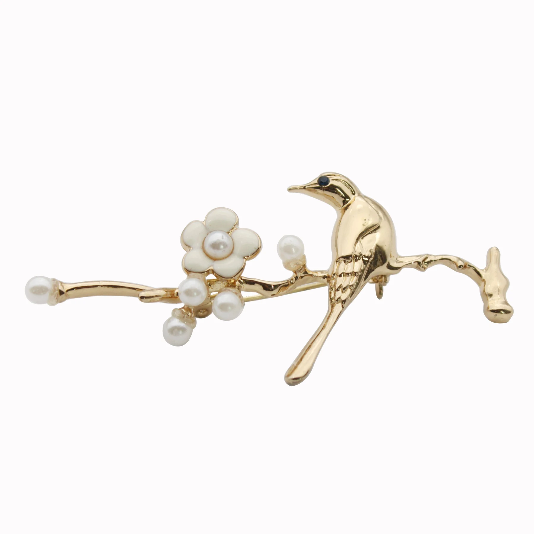 Gold plated bird and flower lapel pin with pearl accents