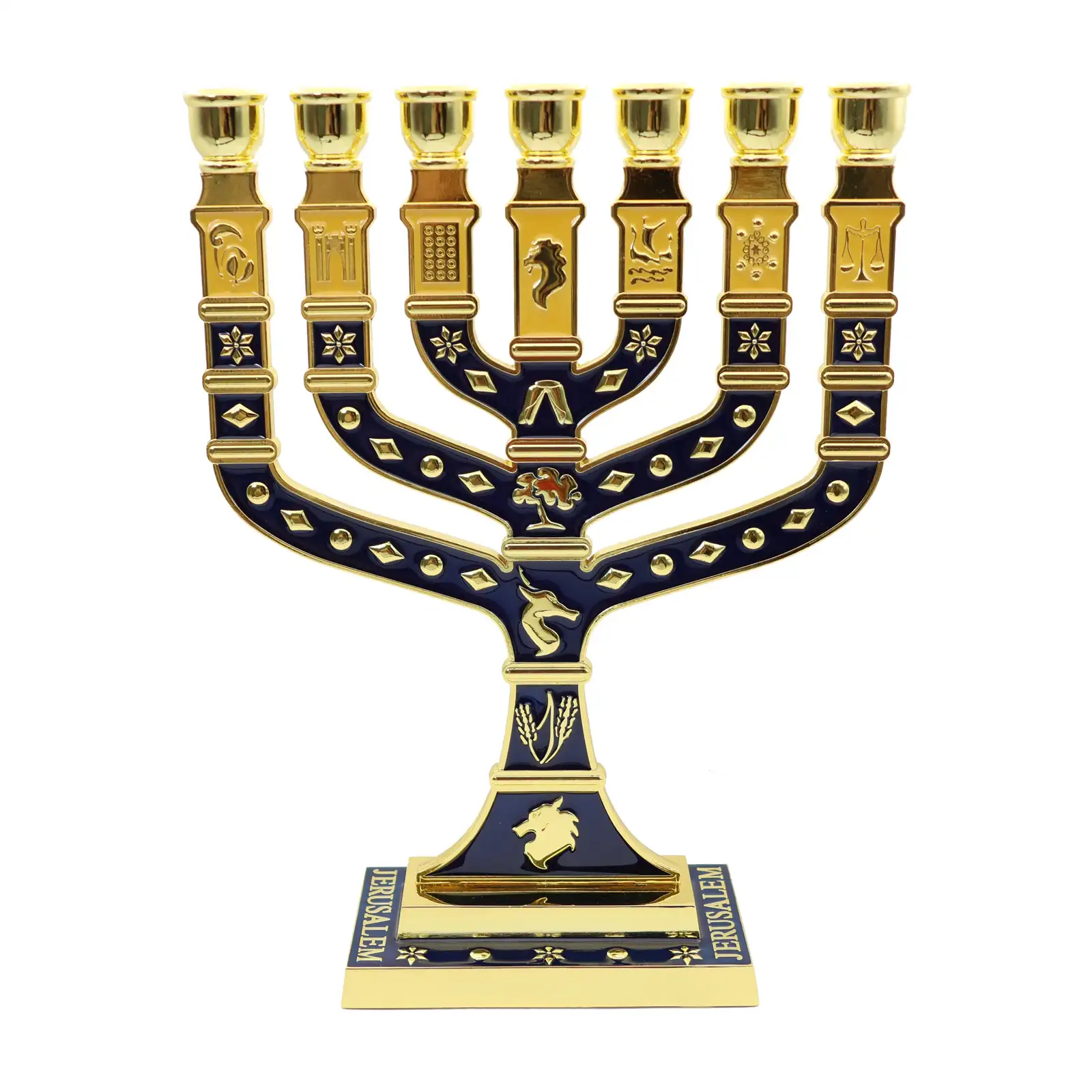 Side view of the gold plated blue enamel menorah on its velvet base
