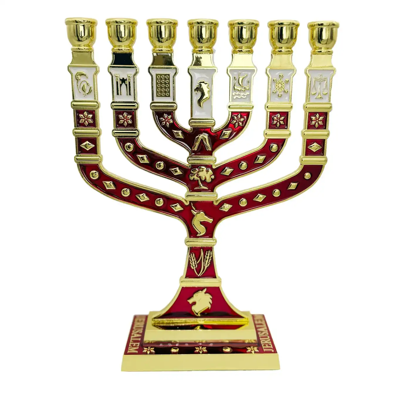 Close view of the blue and white enamel work on the menorah branches