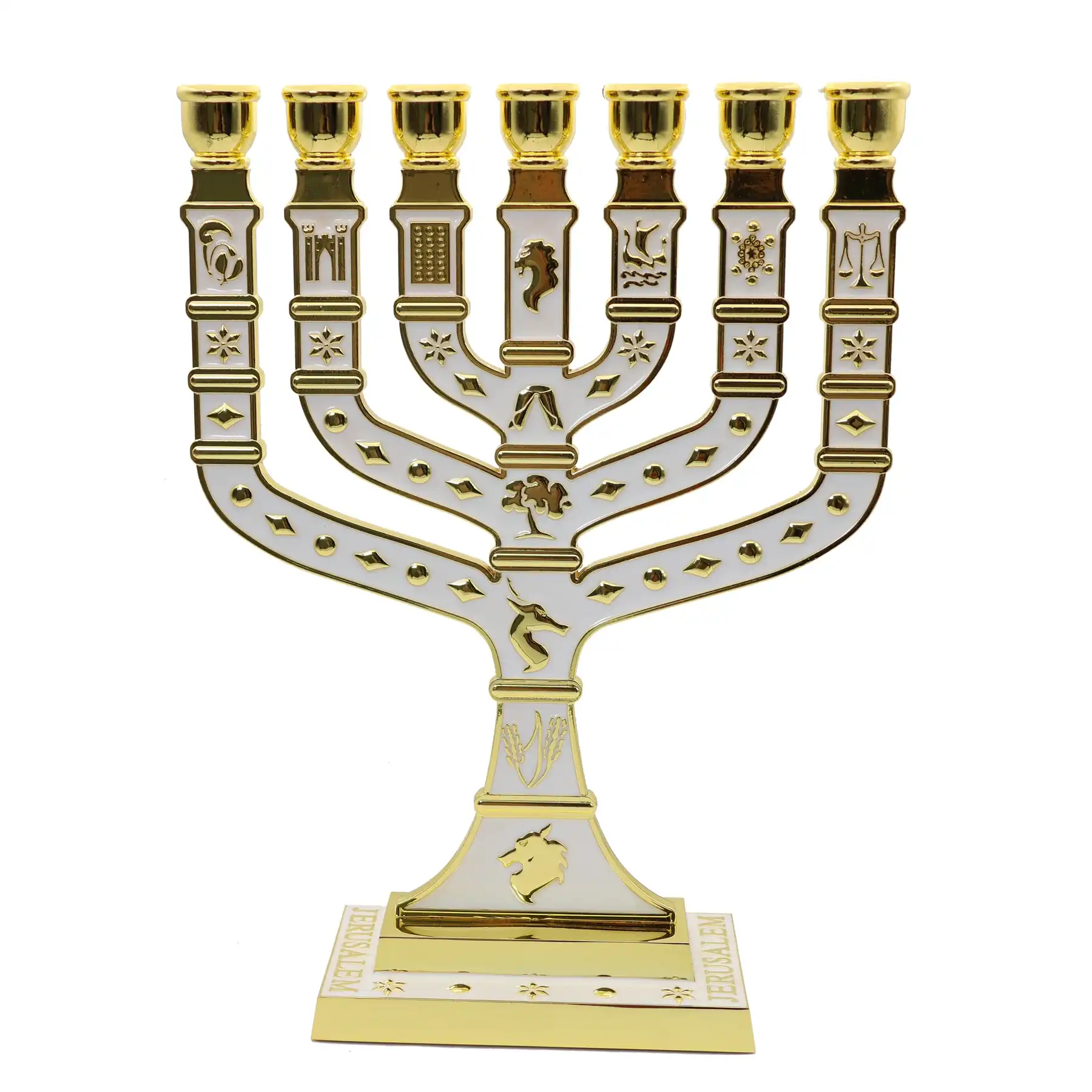 Blue enamel twelve tribes menorah shown from the front