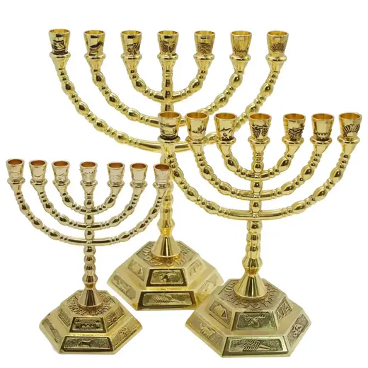 Gold plated seven branch Temple menorah with twelve tribes emblems