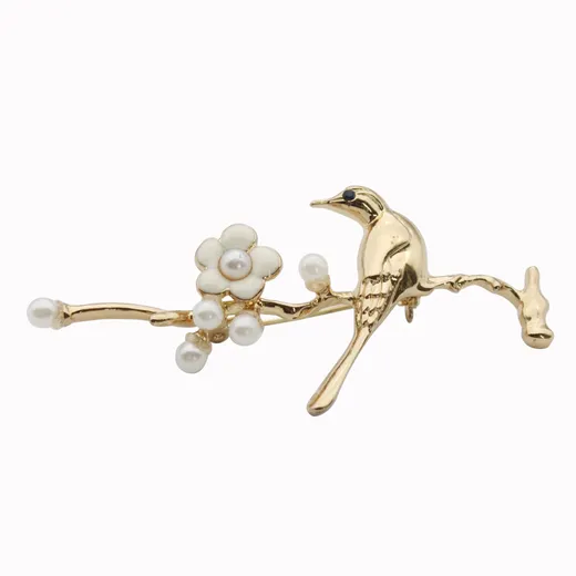 Gold plated bird and flower lapel pin with pearl accents