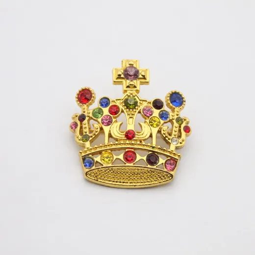 Gold plated rhinestone crown lapel pin