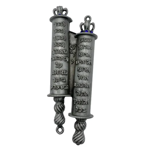 Matte pewter dual chamber Torah mezuzah with blue stones