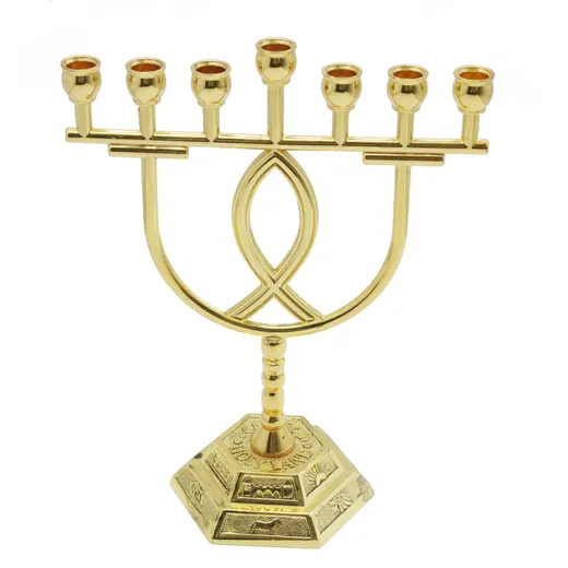 Gold plated seven branch Temple menorah with fish design