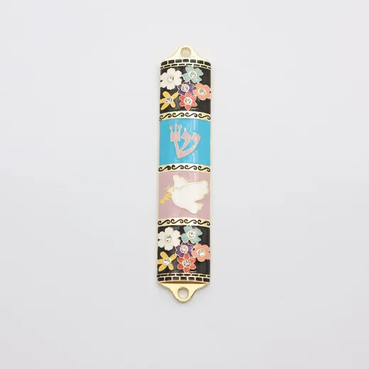 Gold plated flower and pigeon design mezuzah case with enamel