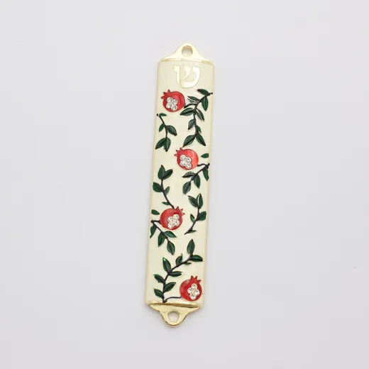 Gold pomegranate mezuzah case with enamel and rhinestones