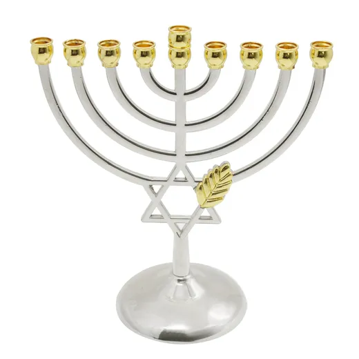 Silver and gold Star of David leaf design Hanukkah menorah