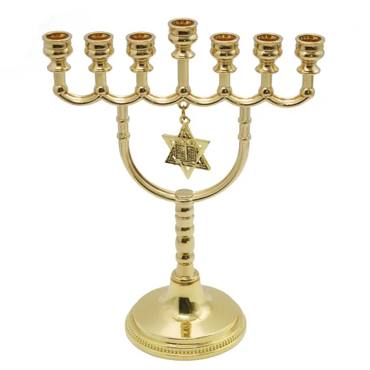 Gold seven branch menorah with central Star of David charm