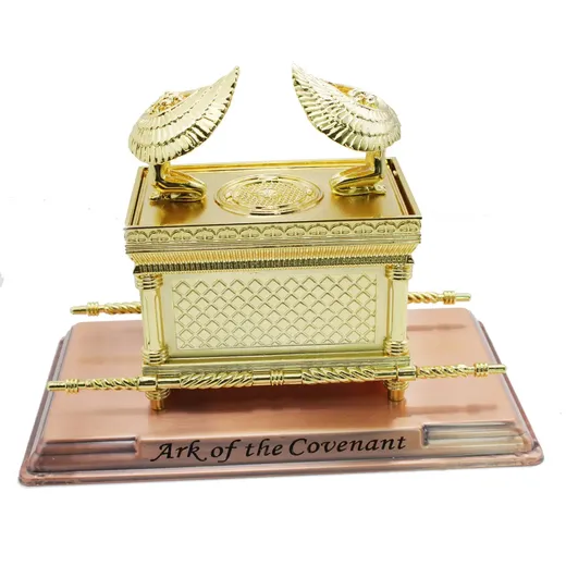 Large gold Ark of the Covenant model with open cover on a copper finished base