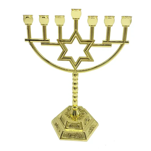 Gold plated Magen David Temple style seven branch menorah
