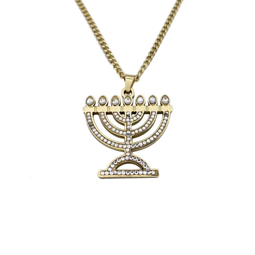 Gold plated stainless steel menorah pendant necklace with stones