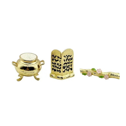 Gold plated metal set of Aarons Rod Manna vessel and Commandments tablets