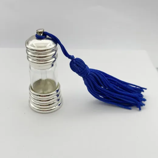 Silver plated tassel perfume bottle keychain in glass and metal