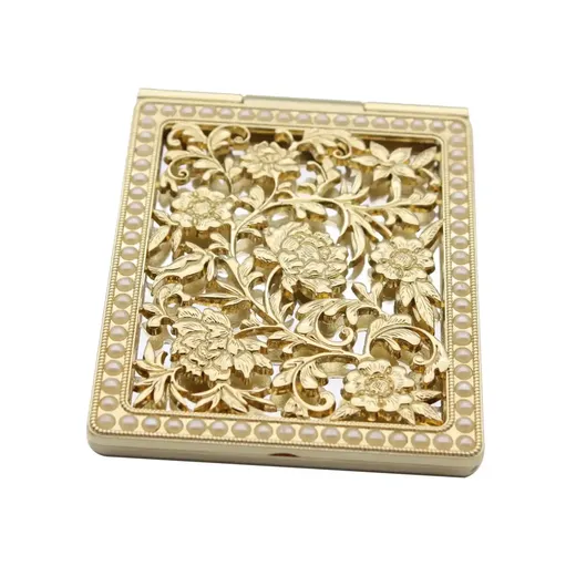 Gold plated foldable compact mirror with hollowed flower case and pearls