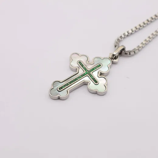 Polished stainless steel cross necklace with shell and enamel inlay