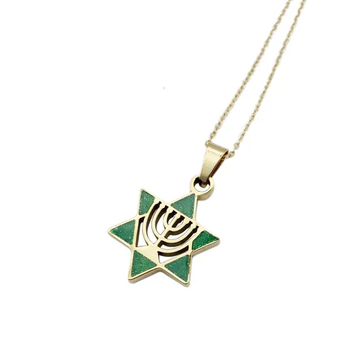 Gold Star of David and menorah enamel pendant necklace