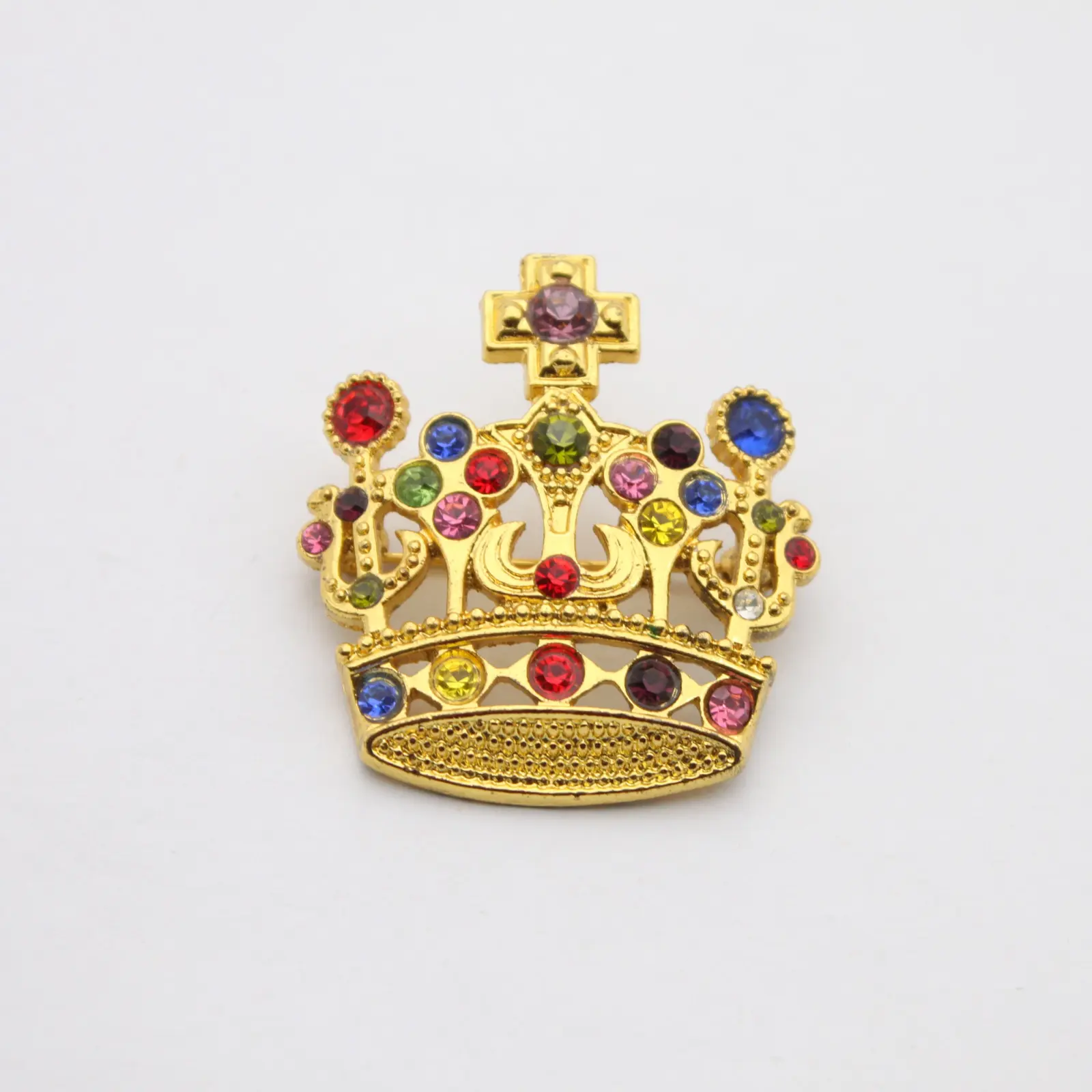 Gold plated rhinestone crown lapel pin