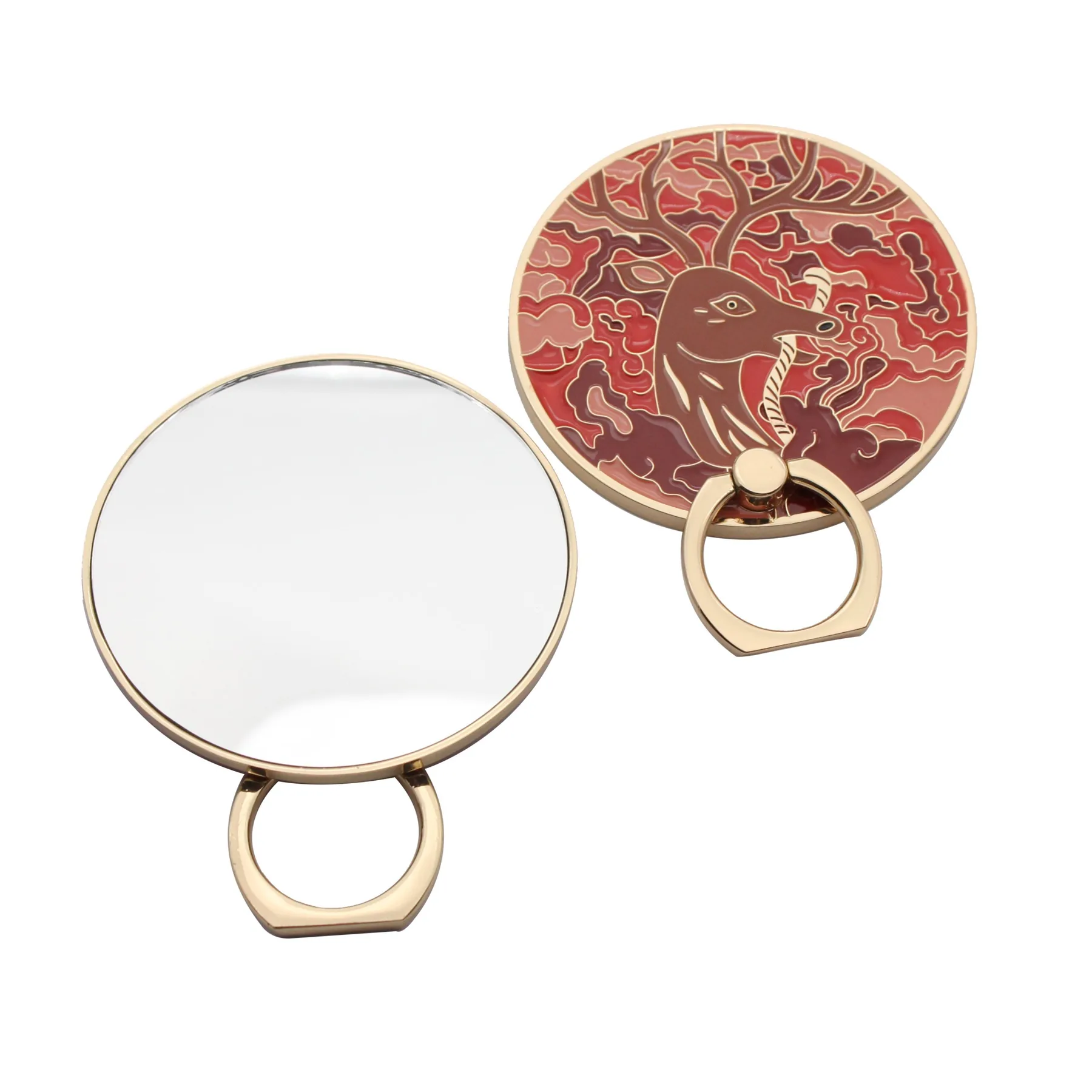 Gold plated custom makeup mirror with foldable ring stand