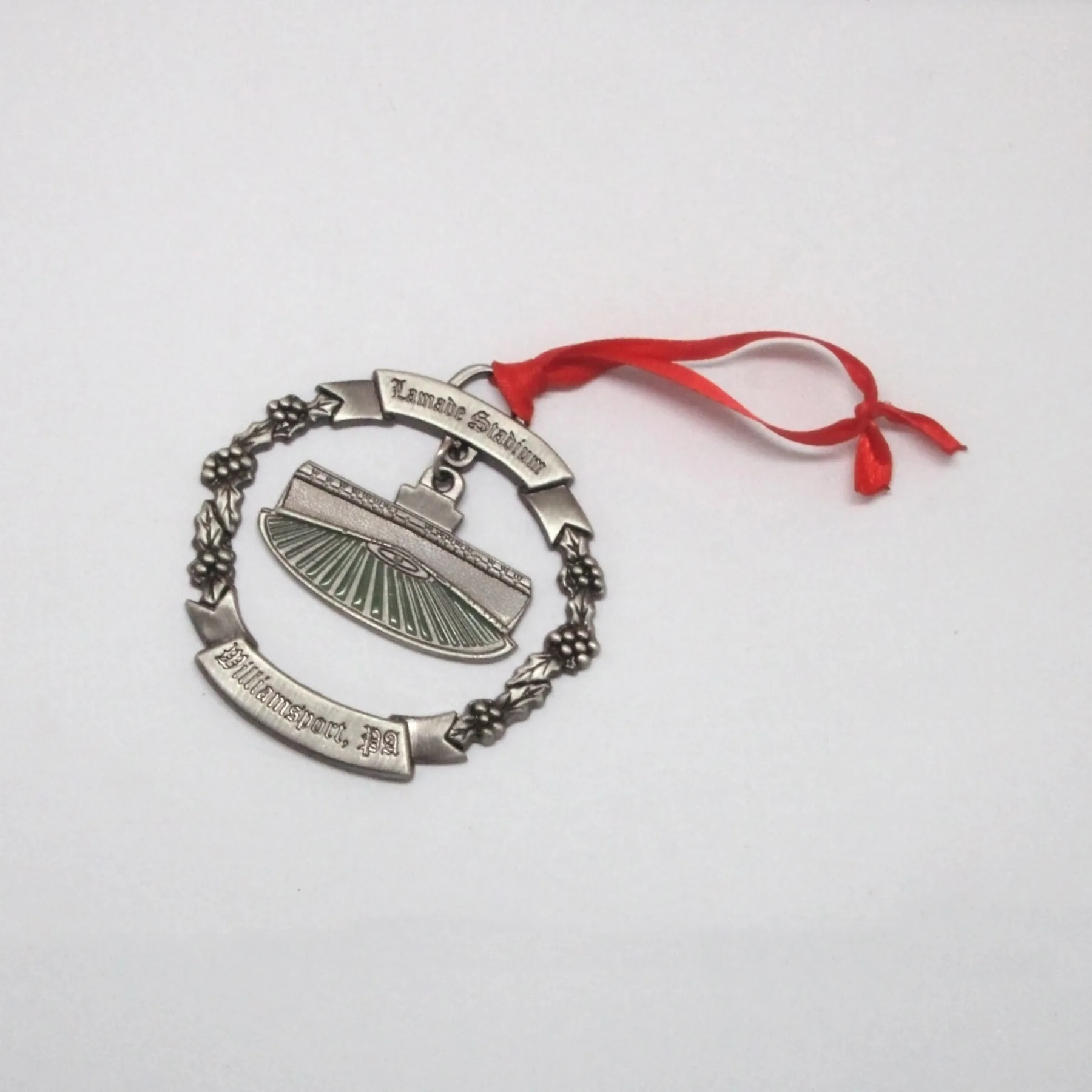 Custom metal hanging ornament shown from the front