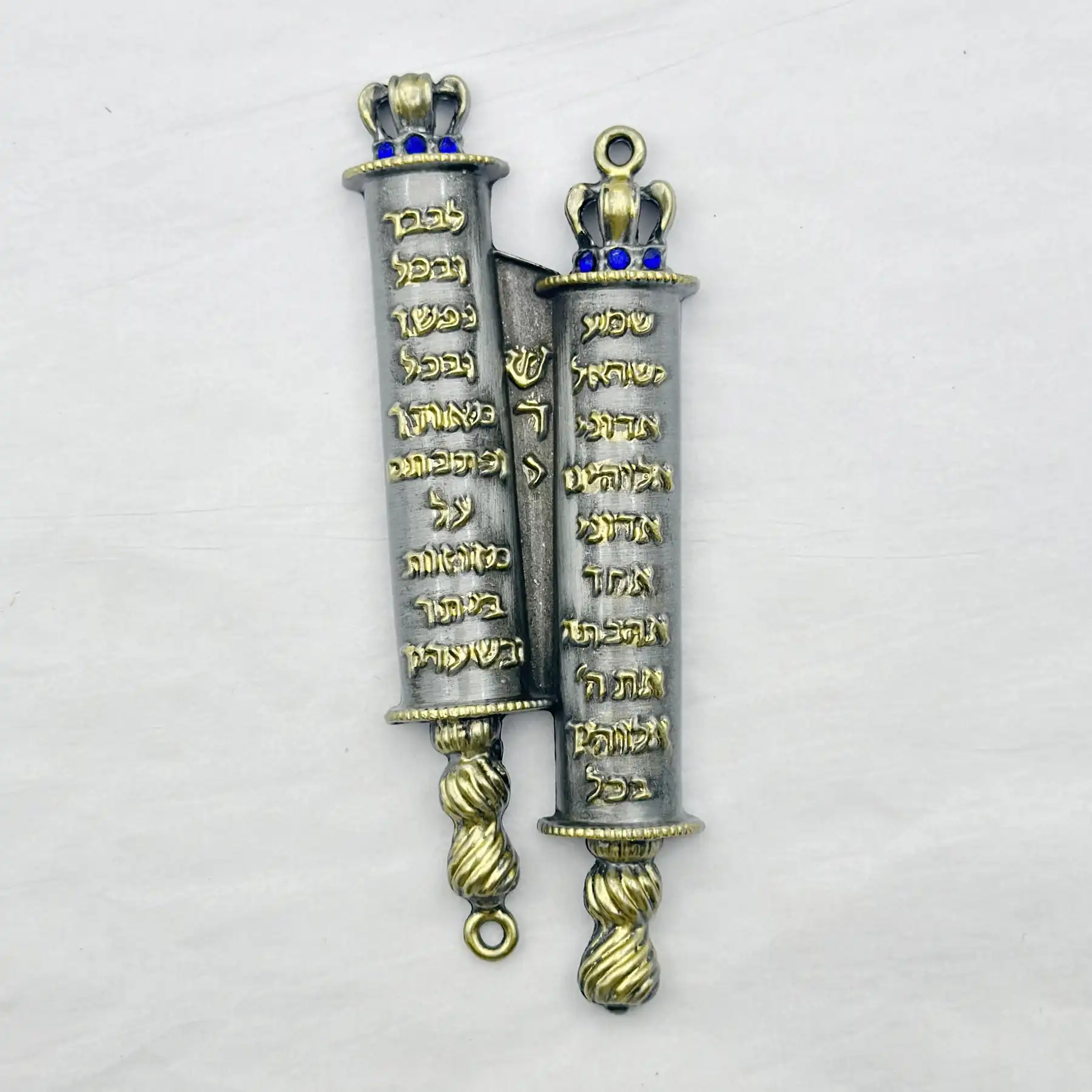 Close view of the blue rhinestones on the pewter mezuzah