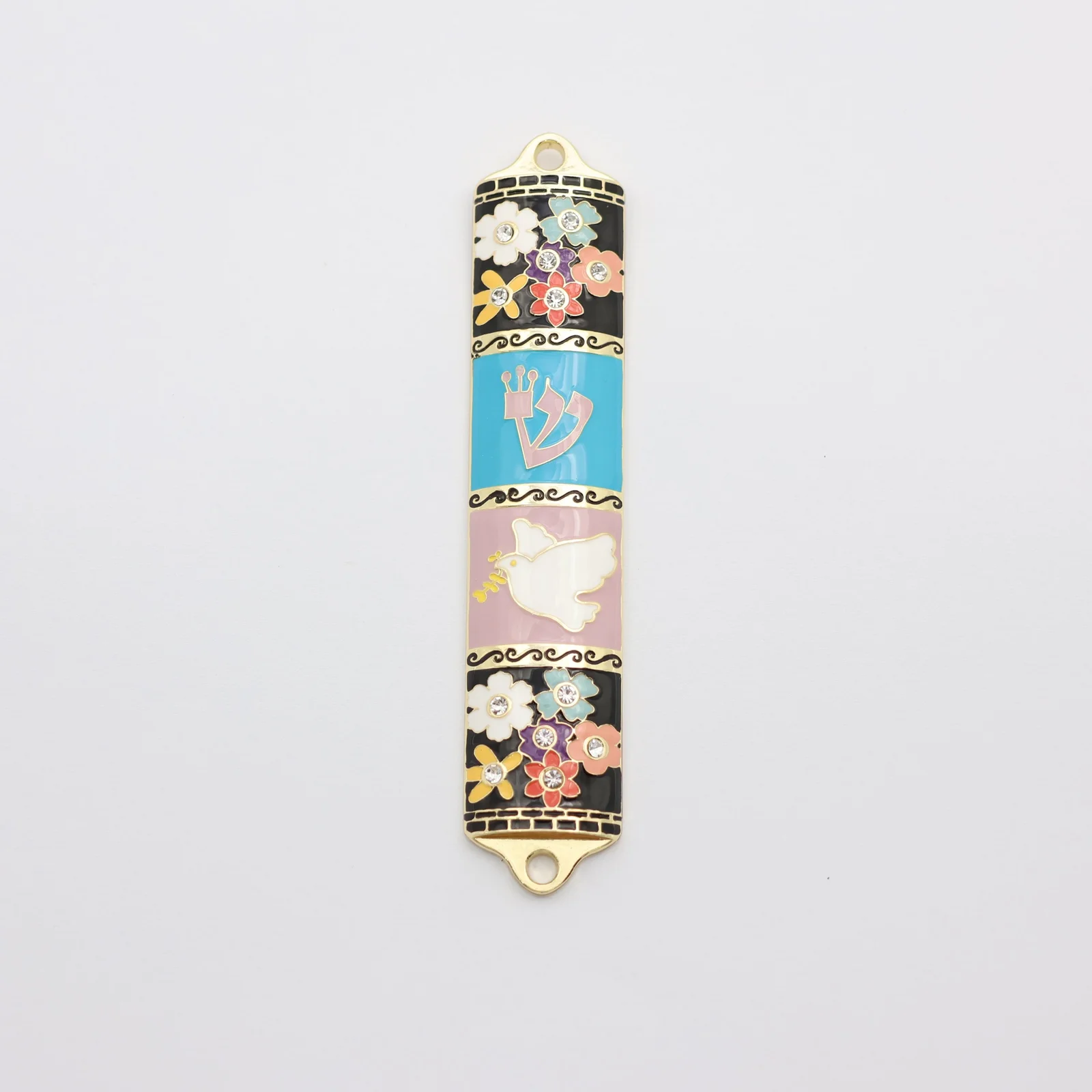 Gold plated flower and pigeon design mezuzah case with enamel
